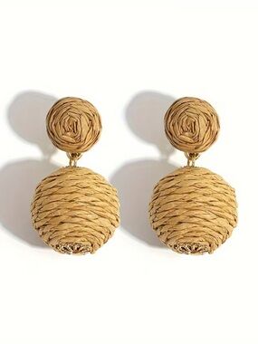 Handwoven Raffia Ball Double Drop Earrings - Tan